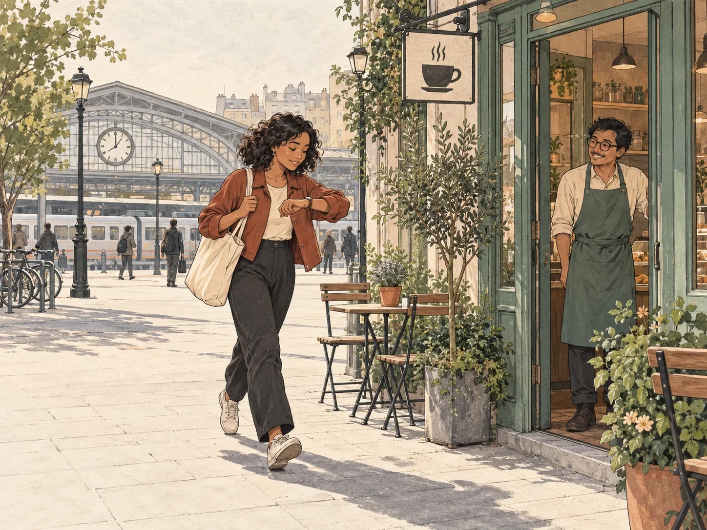 A commuter checks the time outside a small coffee shop beside a train station.