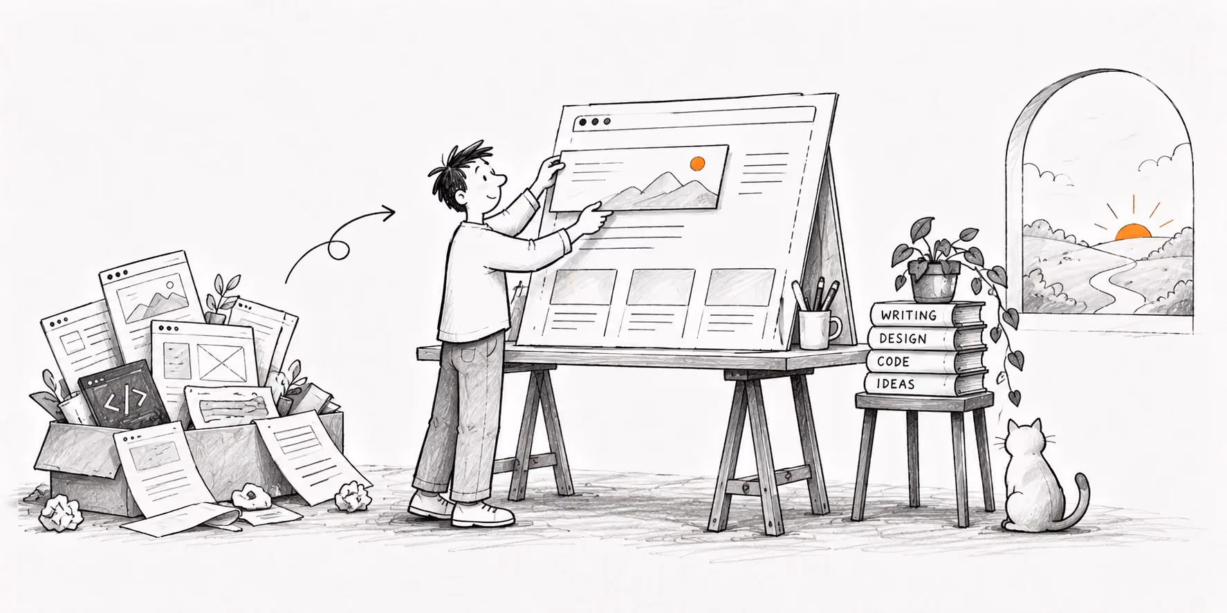 Pencil sketch of a person pinning an image onto a large new web page on an easel, beside a box of old page layouts, a stack of books labelled Writing, Design, Code and Ideas, a cat, and a window onto a sunrise.