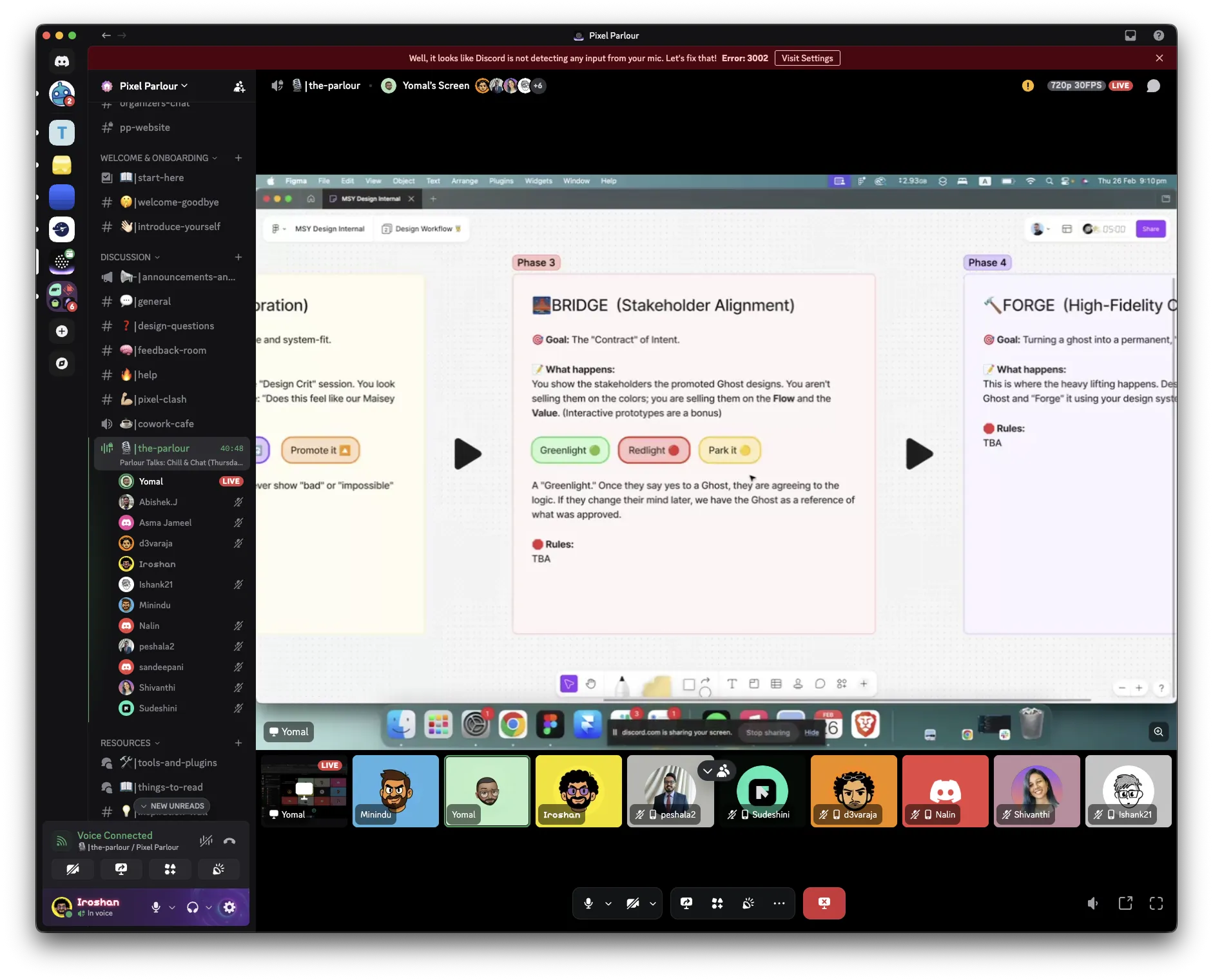 A Discord call in the Pixel Parlour server, with a member sharing a Figma board of a design workflow while others listen in.