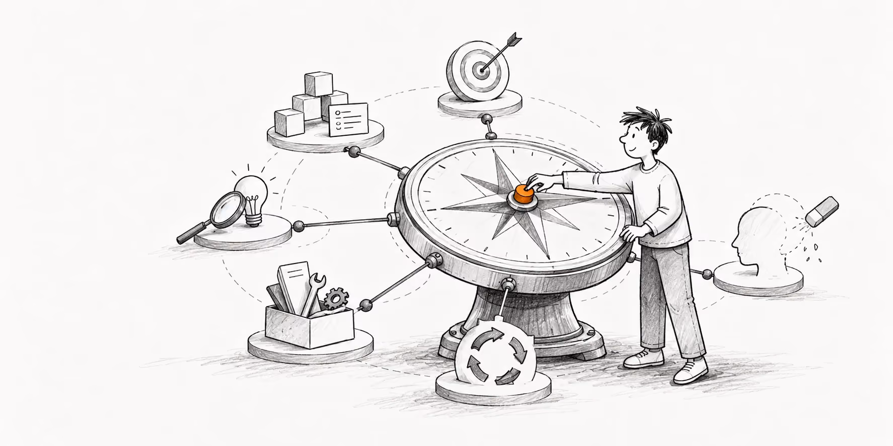 Pencil sketch of a person pressing the orange centre of a large compass, linked to six platforms: a lightbulb with a magnifying glass, building blocks with a checklist, a target, a toolbox, a cycle of arrows, and a head being erased.