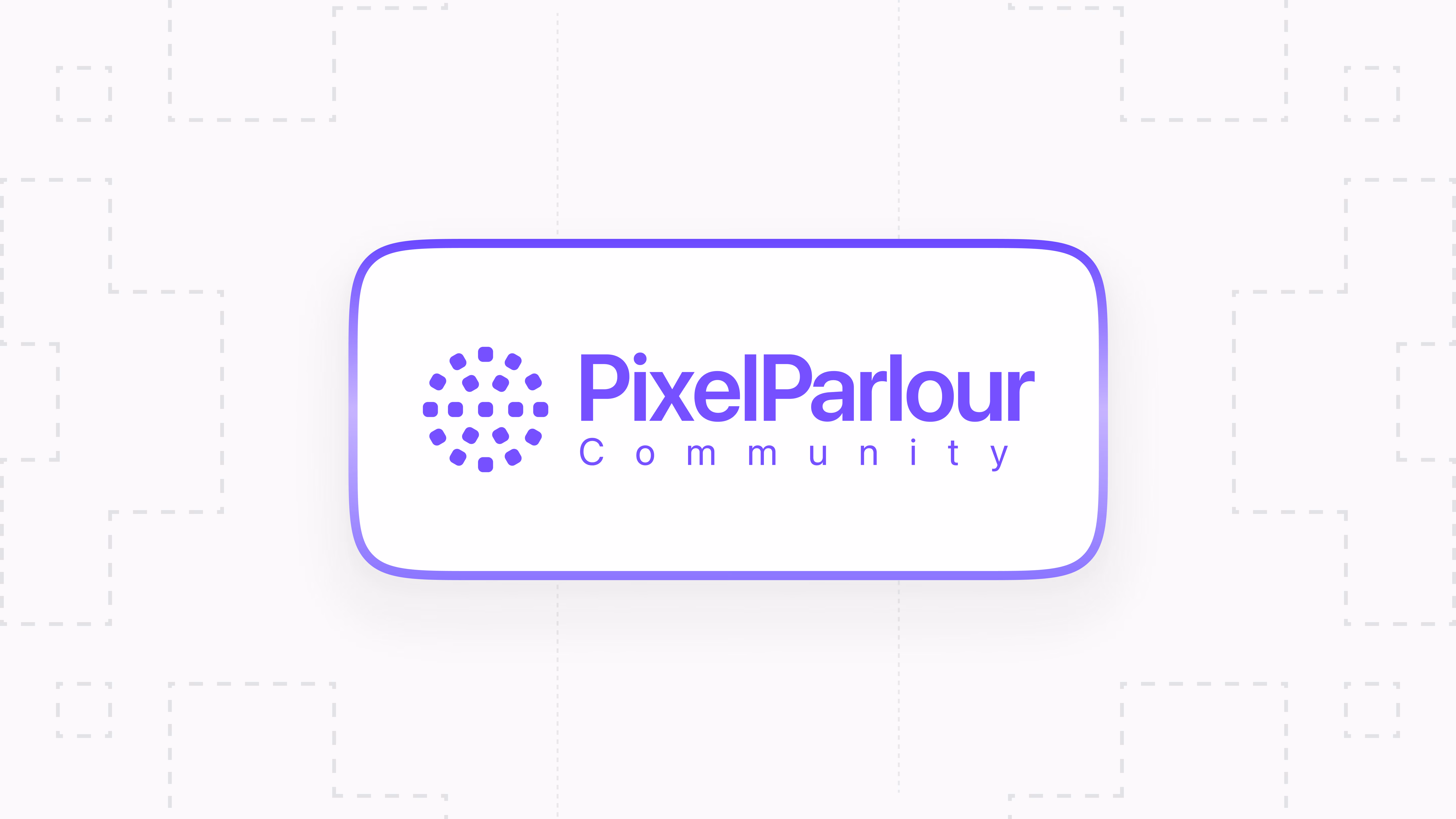 The Pixel Parlour Community logo on a white card, over a pale dashed grid.