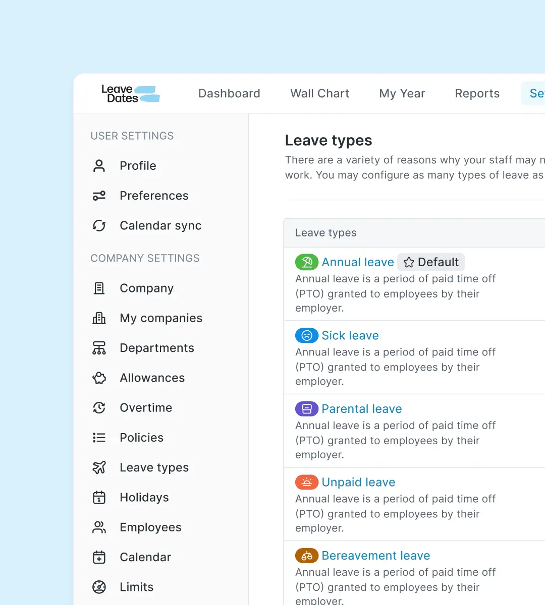 Leave Dates case study thumbnail showing mockup of leave types settings screen