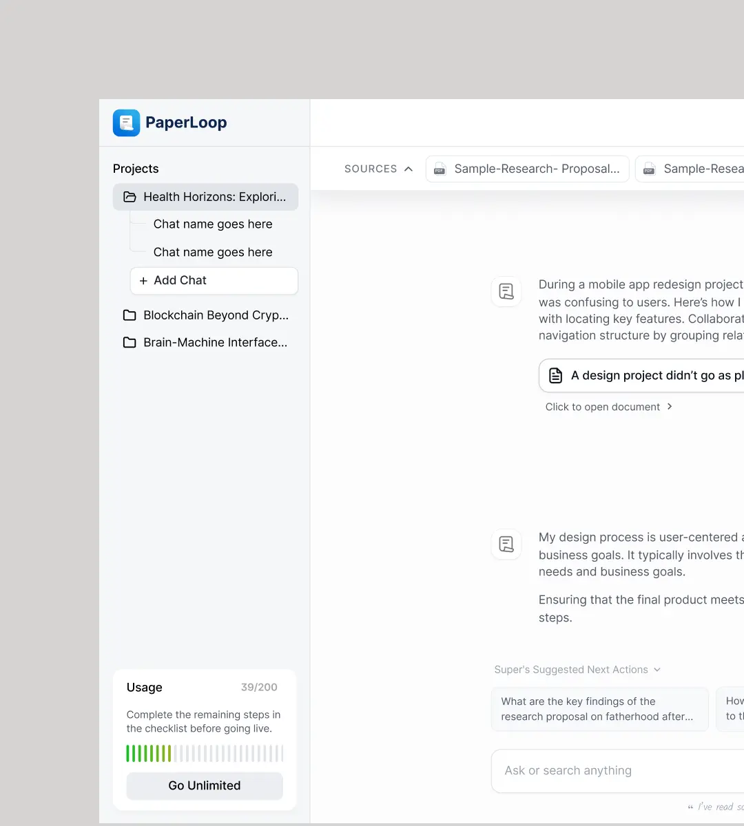 SuperLoop case study thumbnail showing mockup of chat with PDF screen